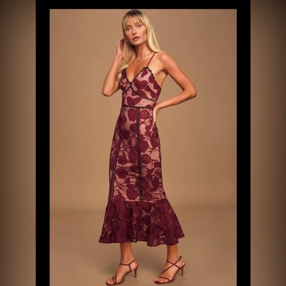 Lulu’s Alluring Dream Burgundy Floral Mesh Lace Trumpet Midi Dress